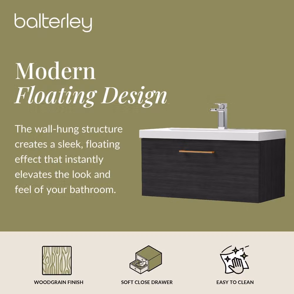 Balterley 800mm Wall Hung 1 Drawer Vanity Unit in Woodgrain Black with Black Copper Handle – 2