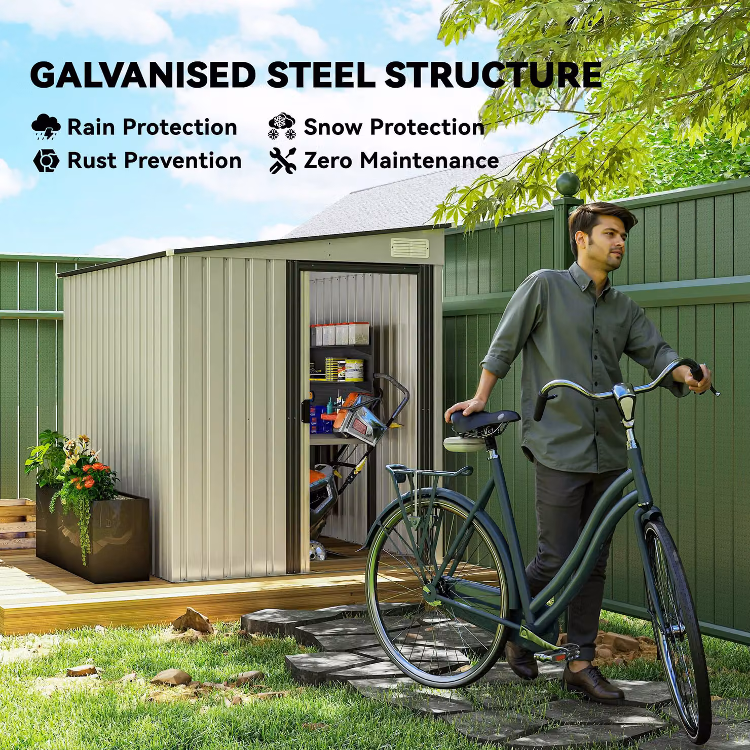 OUTSUNNY White Metal Lean-to Garden Tool Shed with Foundation, W/D/H: 213.36 x 152.4 x 181 cm – 3
