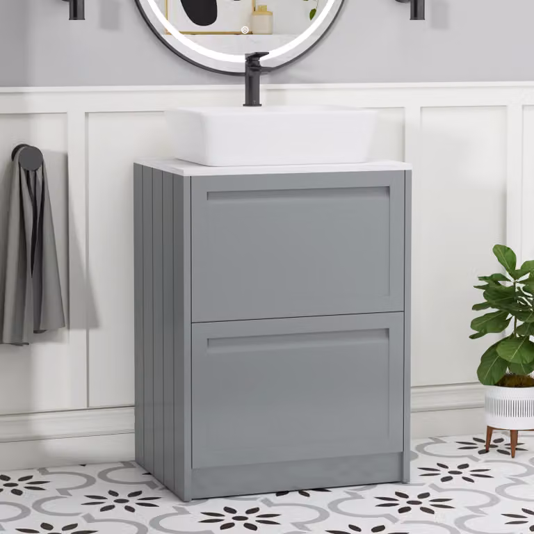 Royal Bathrooms Elmore 600mm Matt Pebble Grey Floor Standing Countertop Vanity Unit with 2 Drawers and Cube Basin