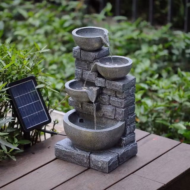Livingandhome Solar-Powered Round Stone Bowl and Brick Wall LED Water Feature in Grey