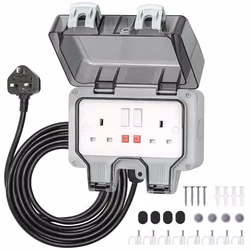 Desiretech Outdoor Double Switched Socket with 10m Cable, IP66 Waterproof, Grey