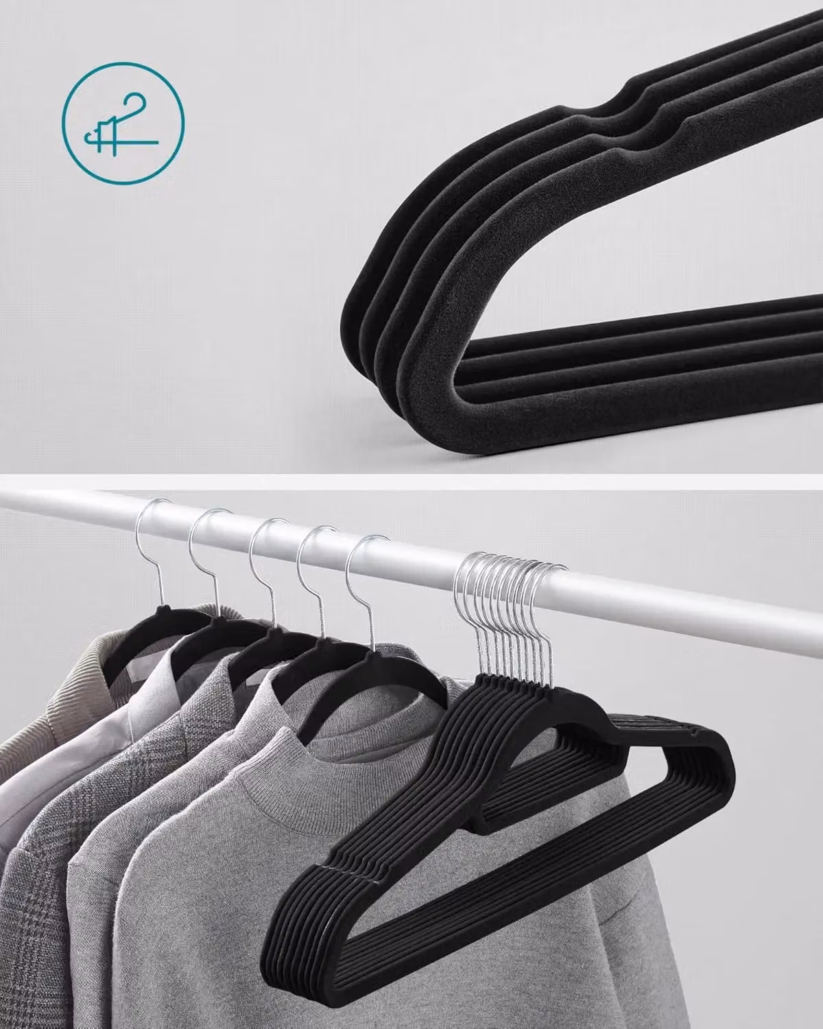 SONGMICS Set of 20 Non-Slip Velvet Flocked Clothes Hangers with Tie Bar and Swivel Hook in Black – 3