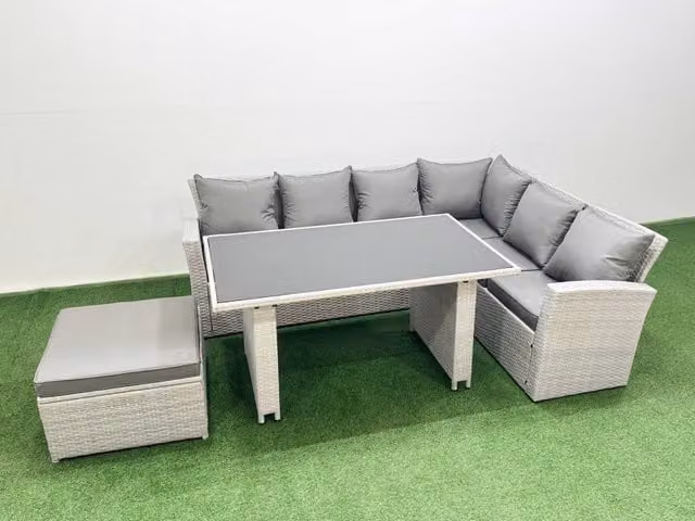 Fimous 7 Seater Wicker Rattan Corner Sofa Garden Furniture Set in Light Grey