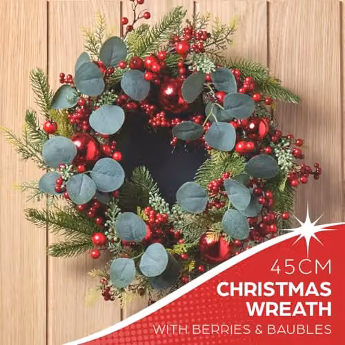 The Christmas Workshop Round Artificial Christmas Wreath with Snowberries, Red Baubles, Holly and Eucalyptus, Diameter: 45 cm – 3
