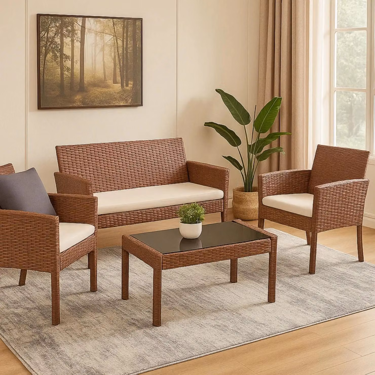 Home Republic Brown Rattan and Metal 4-Piece Patio Furniture Set with Glass Table for Garden or Terrace – 2