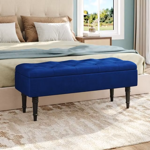 Lifeideas Blue Velvet Upholstered Storage Bench with Wood Frame