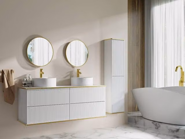 Vente-unique Striped Wall-Mounted Bathroom Vanity Unit and Tall Cabinet in White and Gold – 1
