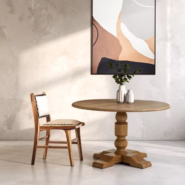 Orsina Round Oak Wood Dining Table in Brown and Beige, W: 127.0 cm, D: 127.0 cm, H: 77.0 cm