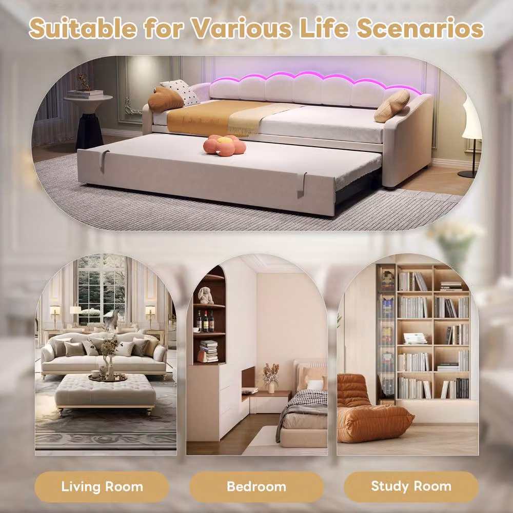 Merax White Velvet Petal Shape Single Daybed with LED Under-Bed Lighting and Pull Out Trundle, W/D/H: 90 x 190 cm – 3