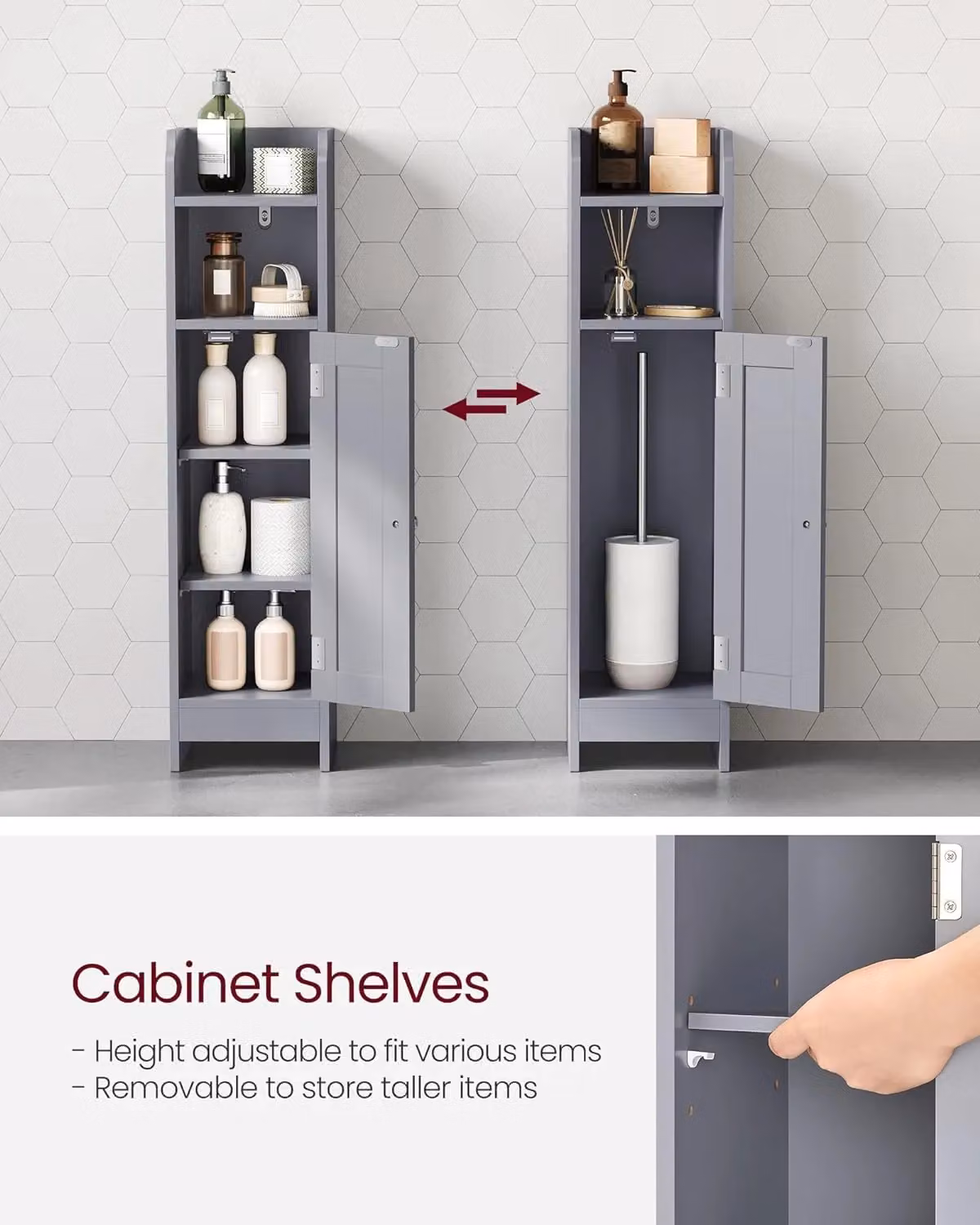 VASAGLE Narrow Grey Bathroom Storage Cabinet with Hinged Doors and Internal Shelves – 2