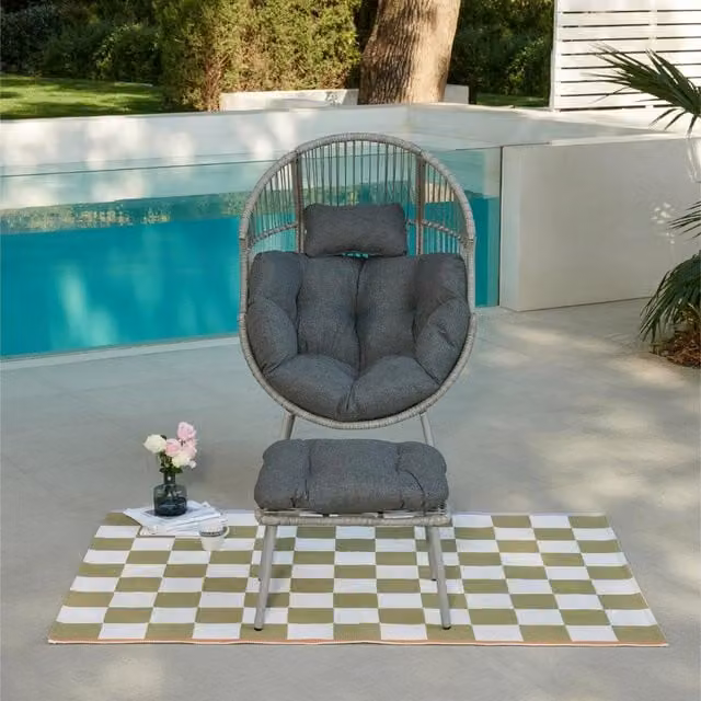 GRS Modern Rattan Garden Egg Chair and Footstool in Dark Grey