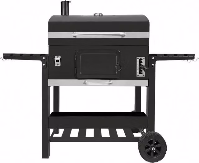Monstershop XXL Offset Charcoal BBQ Smoker Grill in Black with Cast Iron and Steel Construction and Thermometer, W/D/H: 120 x 66.5 x 147 cm – 1