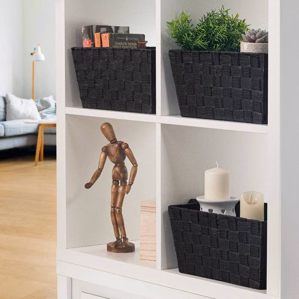 EONLION Set of 3 Black Open Weave Woven Strap Storage Hamper Baskets with Metal Handles – 4
