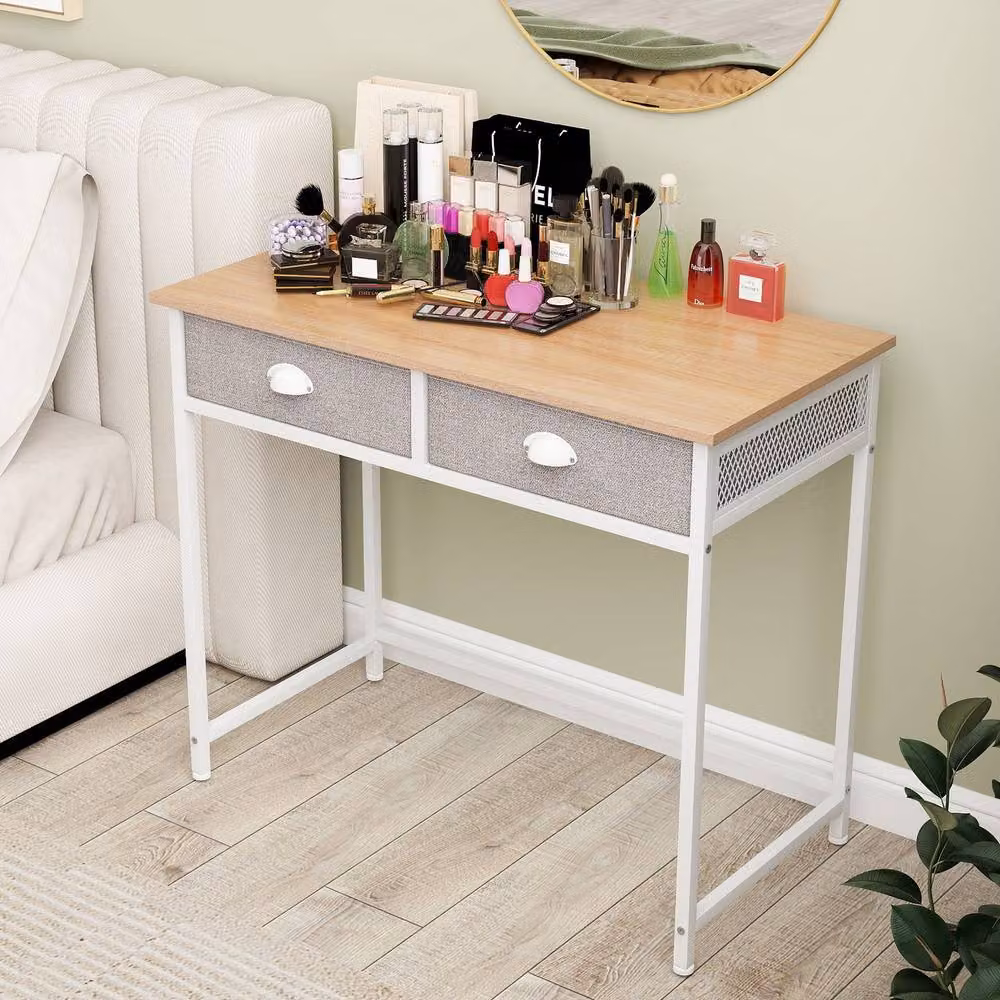 Gymax Computer Desk and Vanity Desk with 2 Drawers in White and Beige, W: 90 cm, H: 115 cm – 2