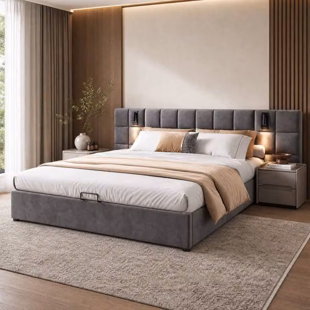 STILVORA Grey Velvet Upholstered Super King Bed with Storage, USB Charging Port and Integrated Reading Light – 1