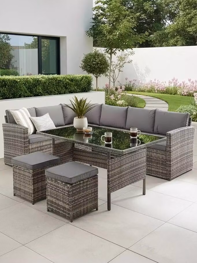 Hamilton 8 Seater Contemporary Rattan Corner Dining Set in Grey