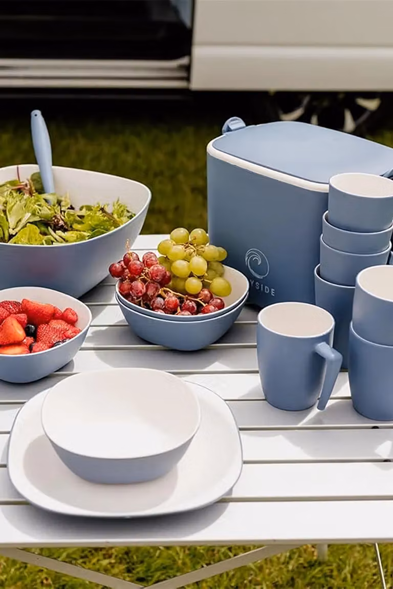 Bayside Blue Pool 12 Piece Two Tone Picnic Tableware Set with Whitesands Picnic Blanket in Blue and Multicolour