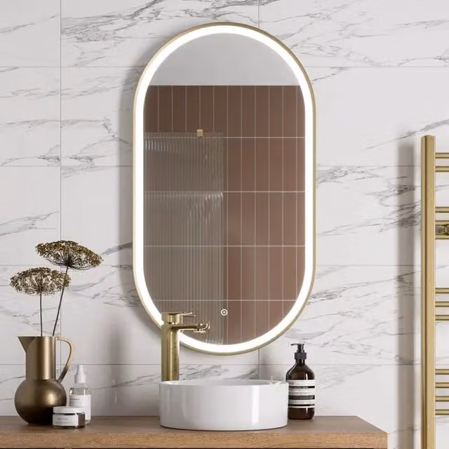 Bathwell Oval LED Mirror with Demister and Touch Switch in Gold