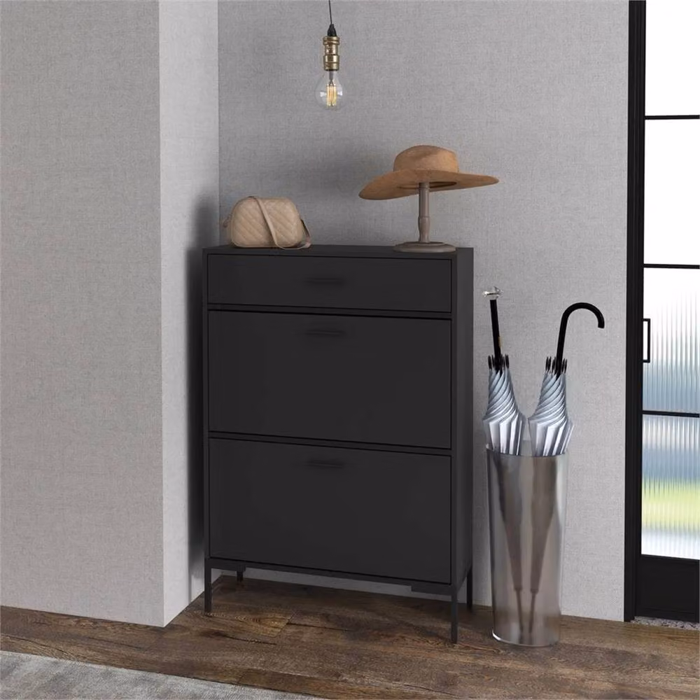 EONLION Modern Black Shoe Storage Cupboard with 2 Tilting Doors and Internal Shelves, Width: 100 cm – 5