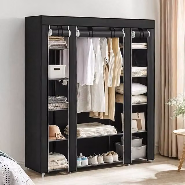 SONGMICS Portable Fabric Wardrobe with Hinged Doors, Black, H 175 x W 45 x D 45 cm