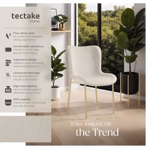tectake Set of 2 Scandi Style Velvet Chairs with Ergonomic High Backrest and Gold Steel Legs, Beige – 2