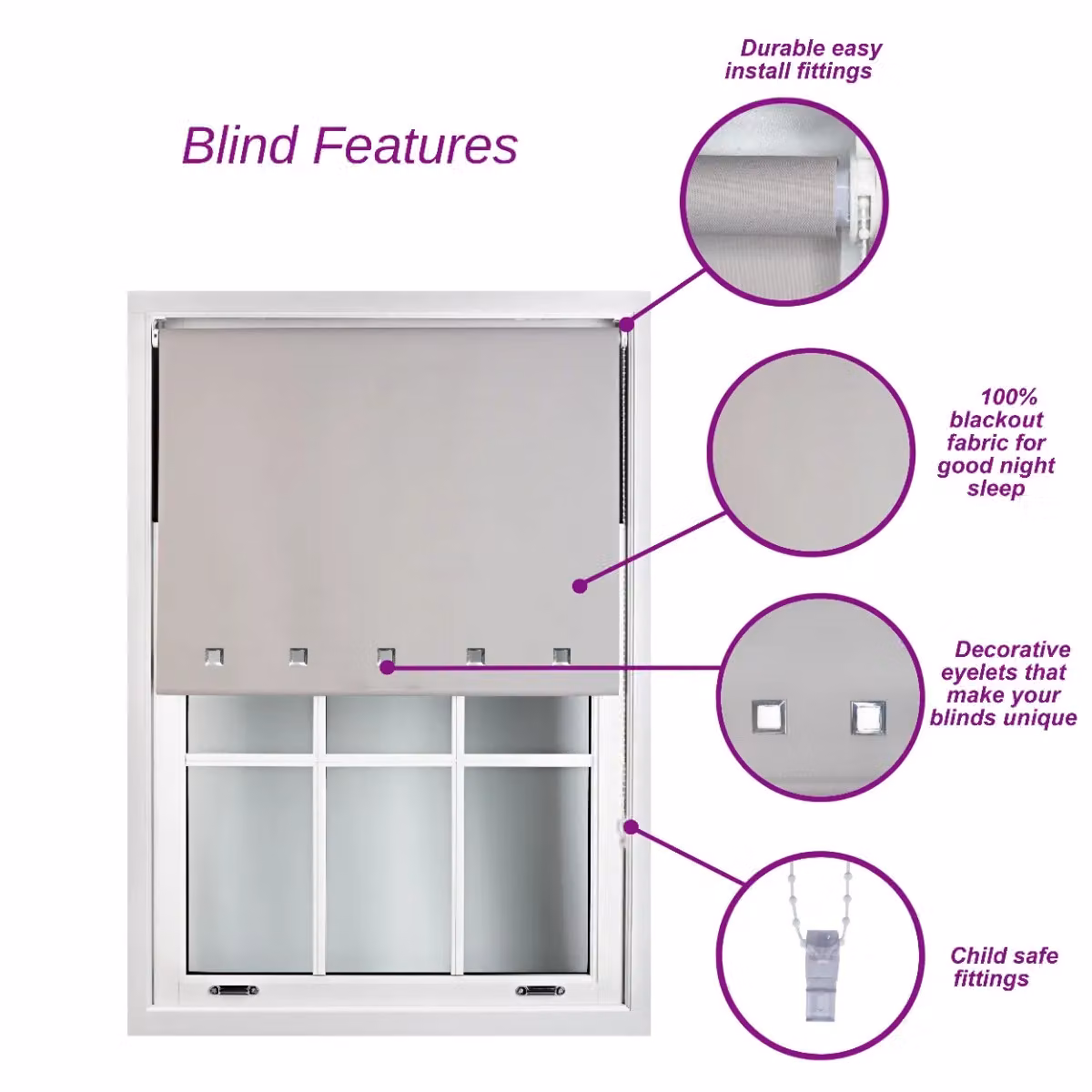 Furnished Blackout Window Roller Blinds in Black with Chrome Square Eyelets, Thermal Insulating and UV Resistant, W: 150 cm, H: 165 cm – 2