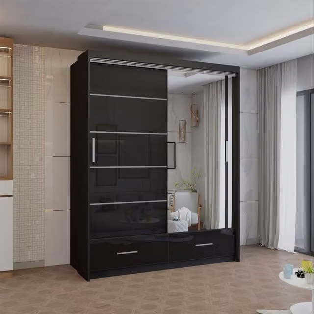 Sliding Wardrobes 4 u Kyoto High Gloss Sliding Door Wardrobe in Black with Mirror and Integrated Drawers, Width: 255 cm