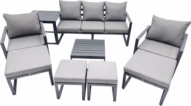 Fimous 9-Seater Aluminium Outdoor Sofa Set in Dark Grey with Coffee Table and Ottomans