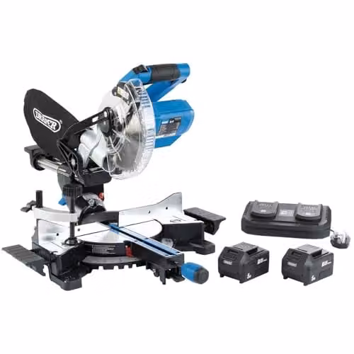 Draper 99765 D20 20V Brushless 185mm Sliding Compound Mitre Saw Kit in Blue with 2 x 5Ah Rechargeable Batteries and Twin Charger