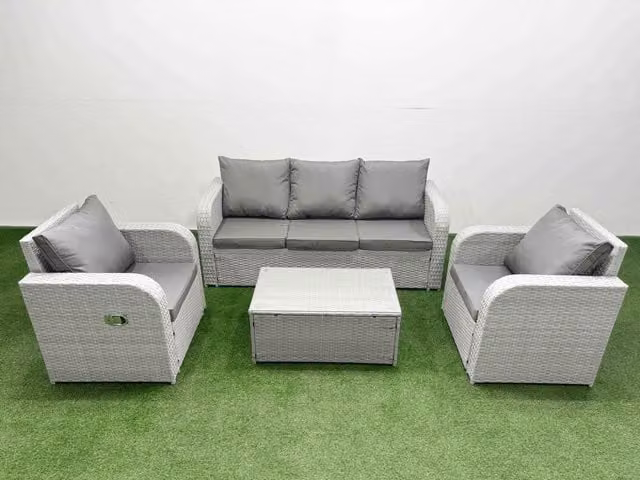 Fimous PE Rattan Garden Furniture Set in Light Grey with Reclining Armchair, 3-Seater Sofa, and Oblong Coffee Table