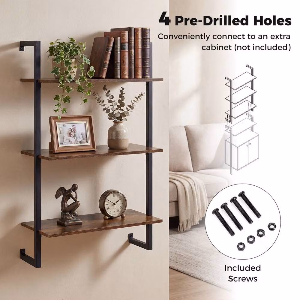 Gymax Industrial 3-Tier Wall Mounted Kitchen Shelf and Floating Display Rack in Brown – 5