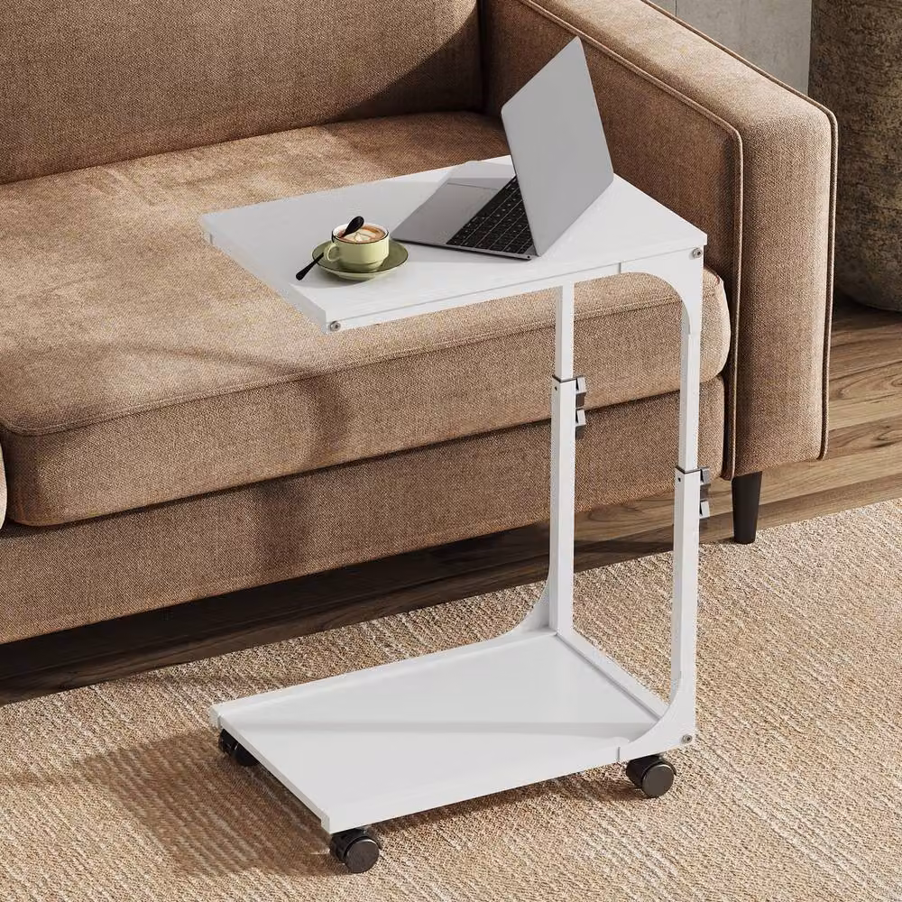 Rolipo Adjustable C-Shaped Side Table with Wheels, White, Metal – 2