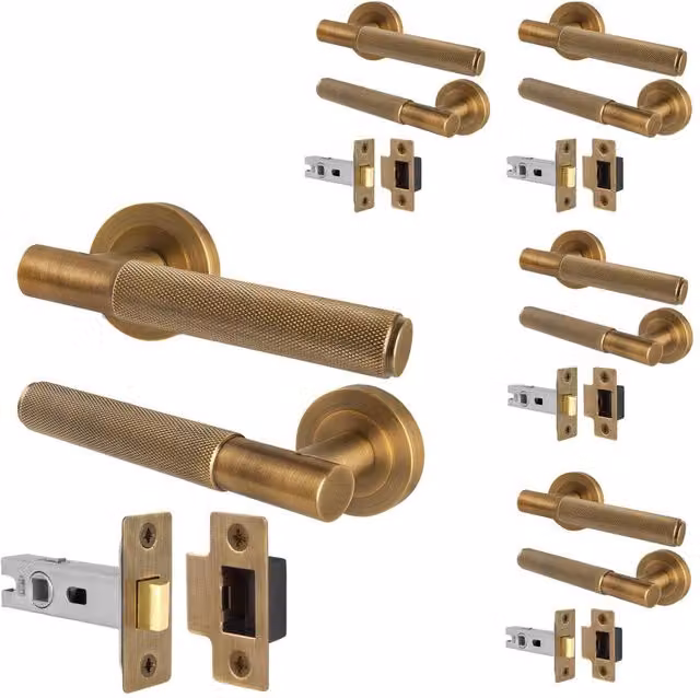 AFIT Antique Brass Knurled Round Rose Door Handles with Latch, 5 Pairs, Bronze, W/D/H: 15.0 x 15.0 x 5.8 cm – 1