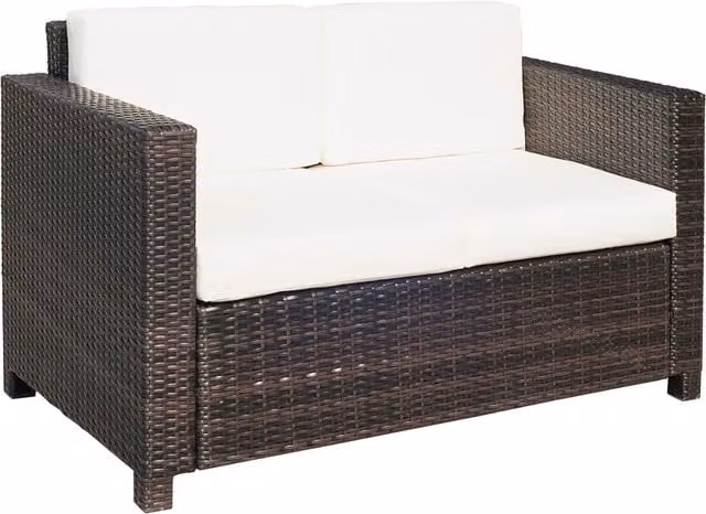 Outsunny 2 Seater Rattan Garden Sofa with Padded Fabric Cushions and Metal Frame, Mixed Brown