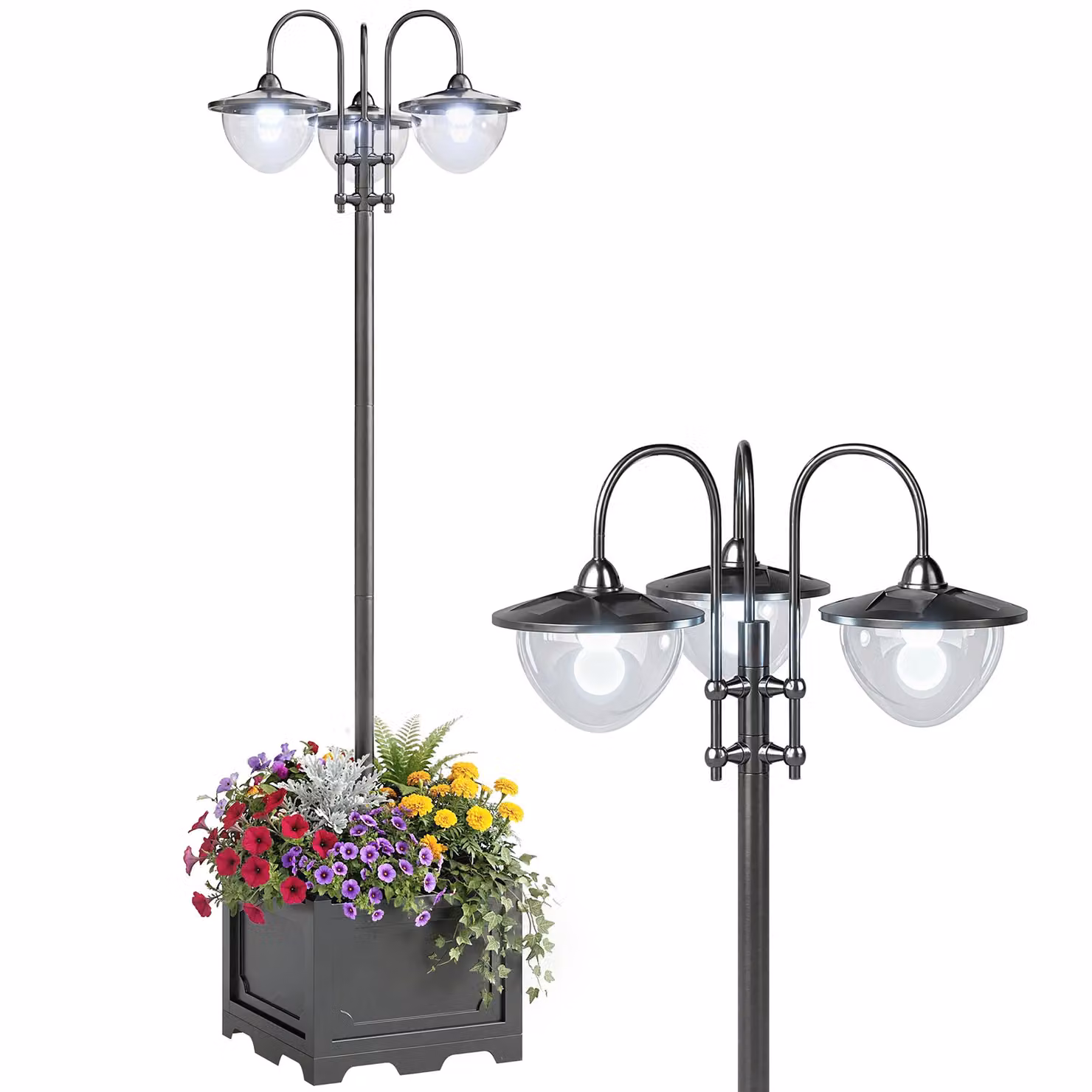 OUTSUNNY 3-Head LED Solar Street Light Post with Planter Base in Black – 2