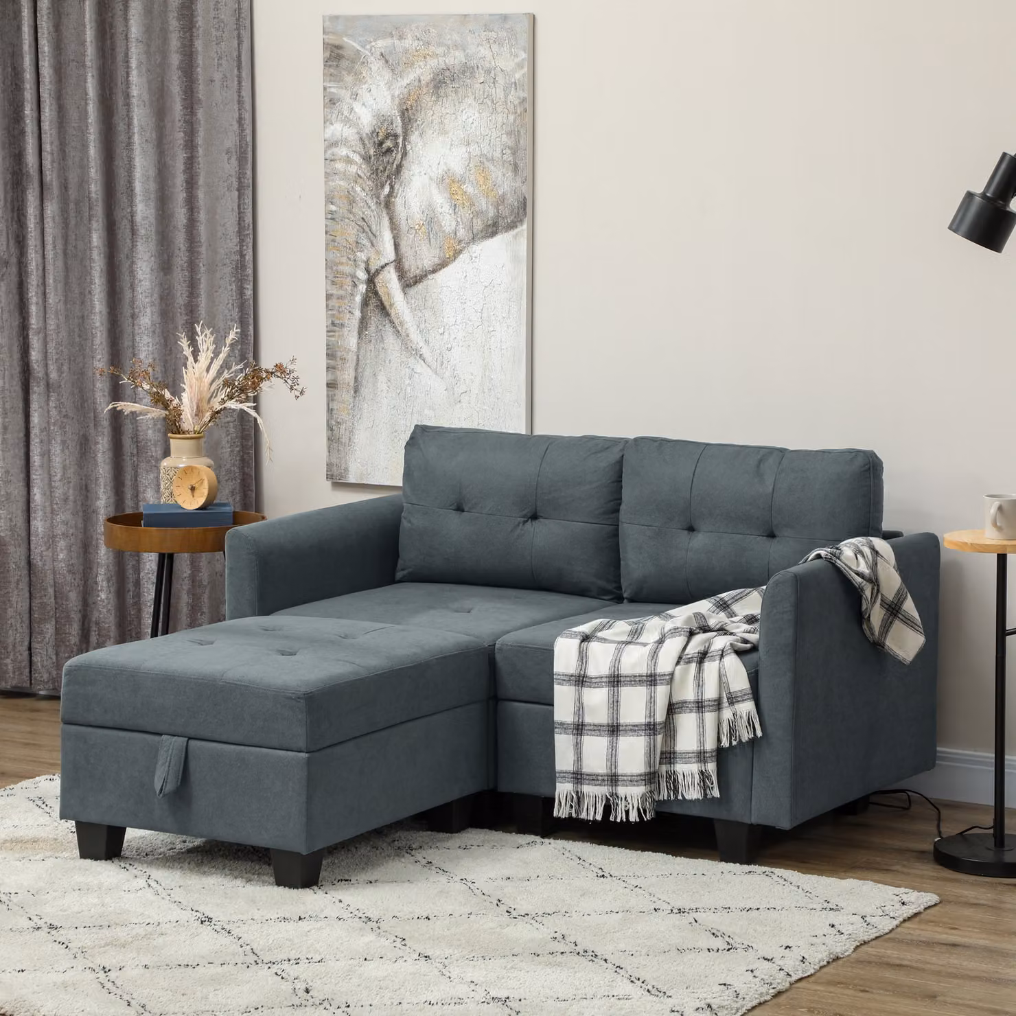 HOMCOM Reversible L-Shape Modular Storage Sofa in Dark Grey with Lift-Up Seats and Removable Fabric Covers – 2