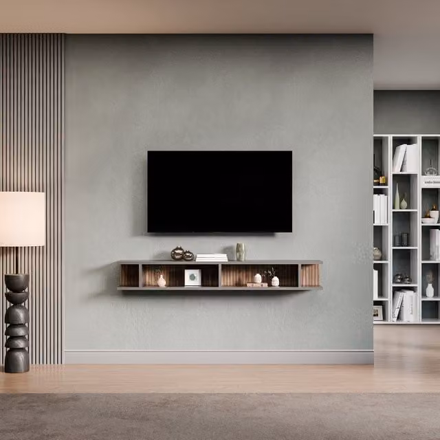 Decorotika Brugge Wall Mounted Entertainment Center in Black with Alina Geometric Pattern