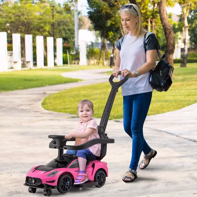 COSTWAY Maserati 3-in-1 Ride on Push Car with Light and Sound, Pink