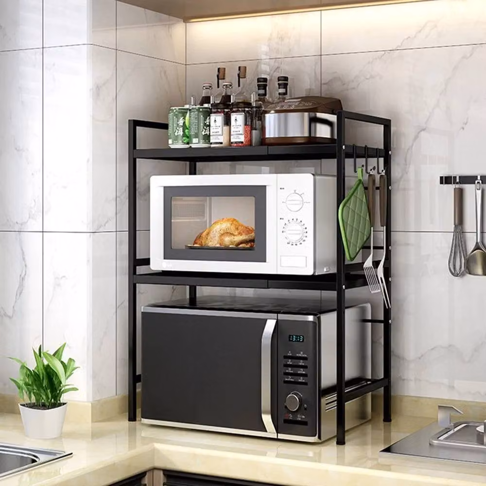 SPETLEK 3 Tier Expandable Microwave Oven Rack Stand in Black with Adjustable Shelves – 4