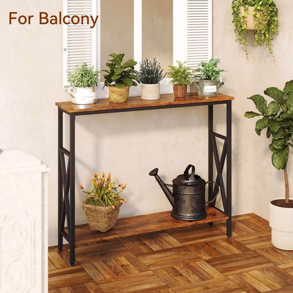 FORGEVIO Industrial Console Table with Height Adjustable X-Frame in Brown and Multicolour – 5