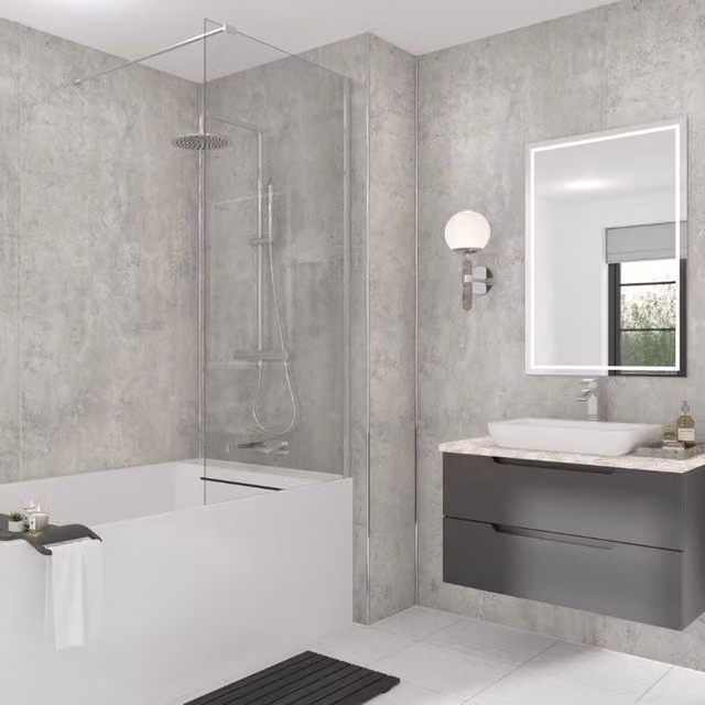 Wetwall Industrial Concrete Stone Look Laminate Wall Panel, Grey, W: 58.5 cm, H: 242 cm, D: 1.1 cm