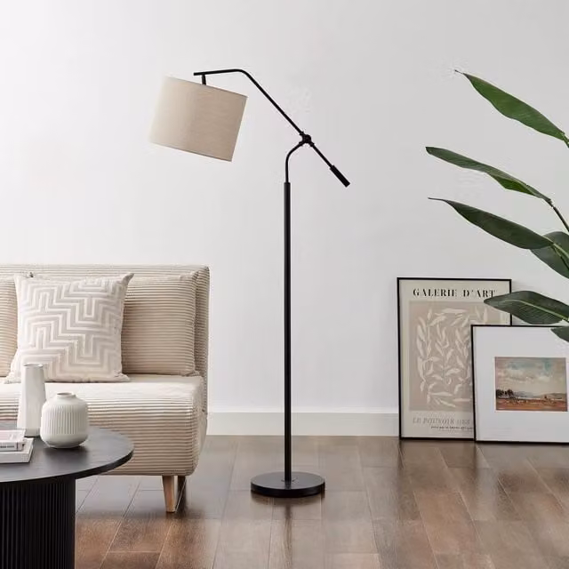 FurnitureboxUK Claudia Black and Beige Standing Floor Lamp with Fabric Shade – 1