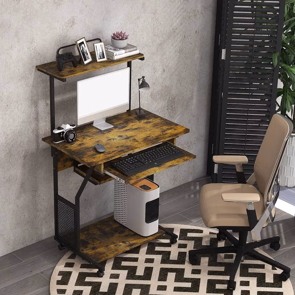 Rolipo Modern Multi-Storage Computer Desk with Sliding Keyboard Tray in Brown – 4