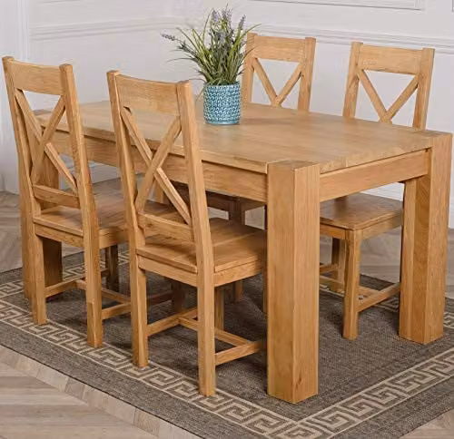 Oak Furniture King Kuba 4 Seater Solid Oak Dining Set in Natural Brown Finish with Berkeley Oak Chairs, W/D/H: 150 x 85 x 78 cm