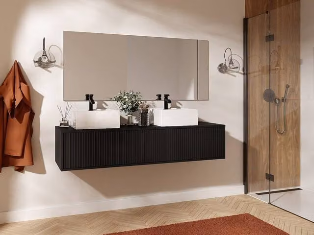 Vente-unique Suspended Striped Bathroom Vanity Unit with Double Basin, Black and White, W: 150 cm, D: 47 cm, H: 32 cm