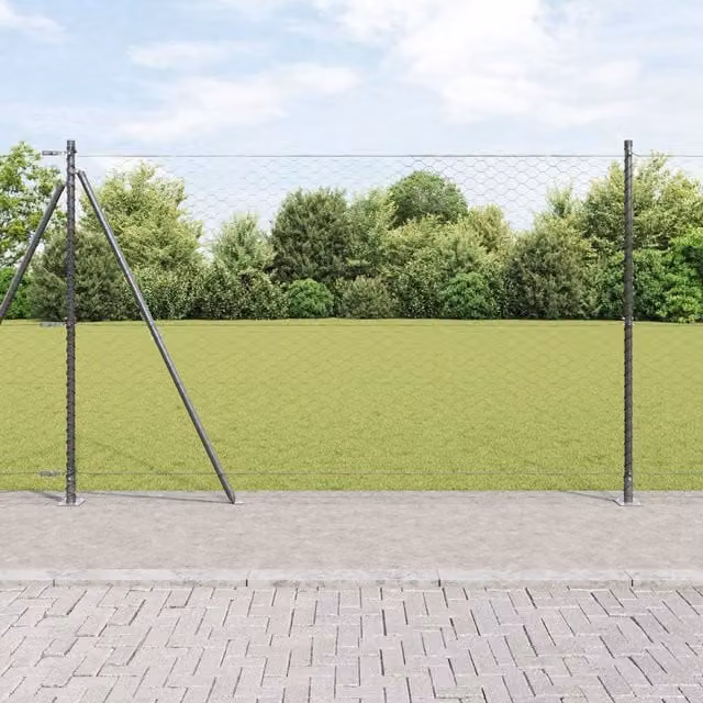 Berkfield Home Grey Powder-Coated Steel Hexagon Wire Mesh Fence, H: 160 cm x L: 25 m