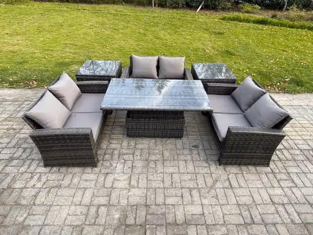 Fimous 6 Piece Outdoor Lounge Sofa Set in Dark Grey with PE Rattan, Upholstered Cushions and Rising Lifting Table