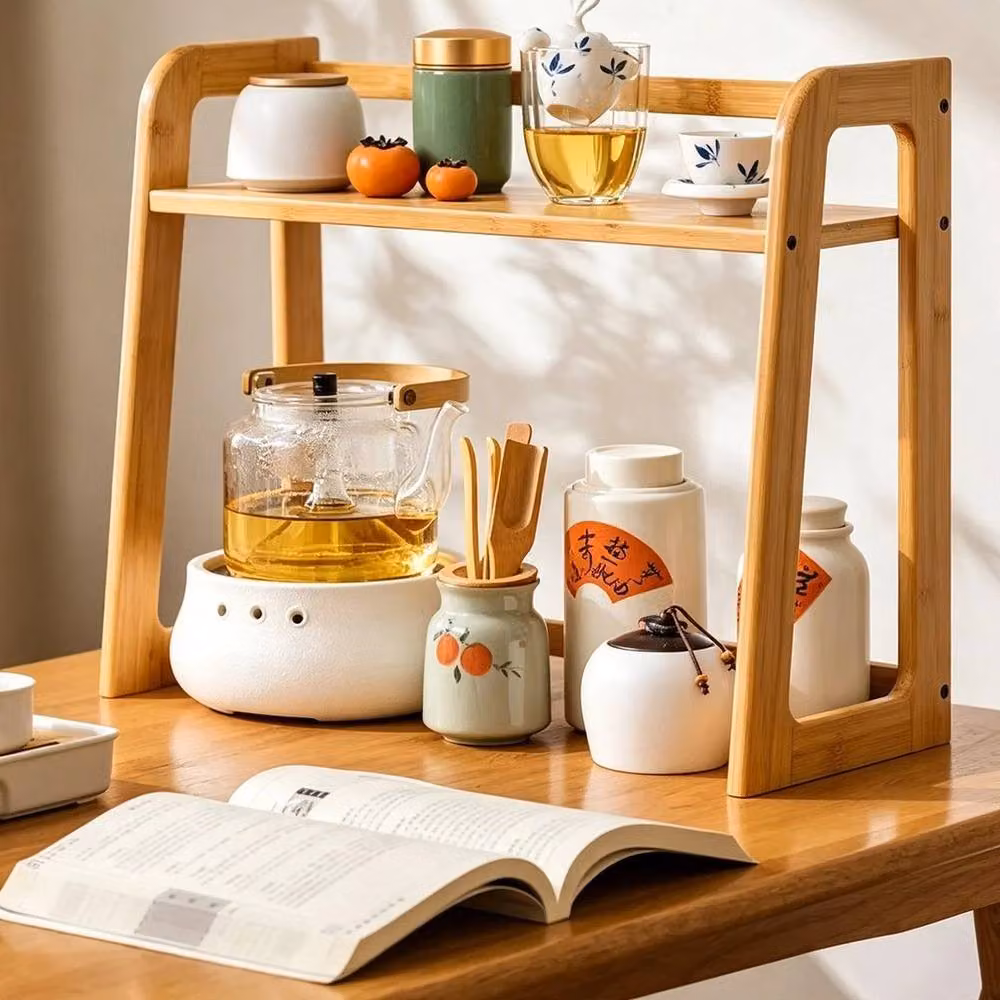 PAWNORA Coffee Station Organizer Counter Shelf in Natural Brown Wood – 3