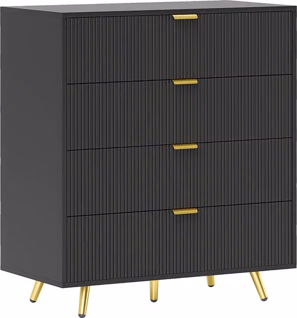 HOMCOM Black Fluted Bedroom Chest of Drawers with 4 Drawers and Gold Tone Handles