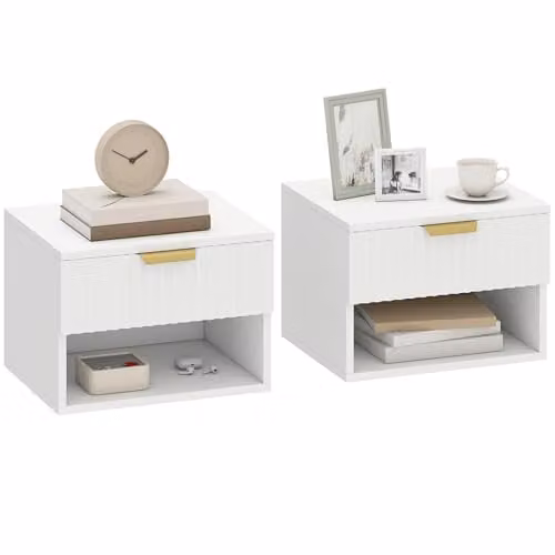 HOMCOM Set of 2 Modern Wall Mounted Floating Nightstands in White and Gold with Soft Close Drawers – 1